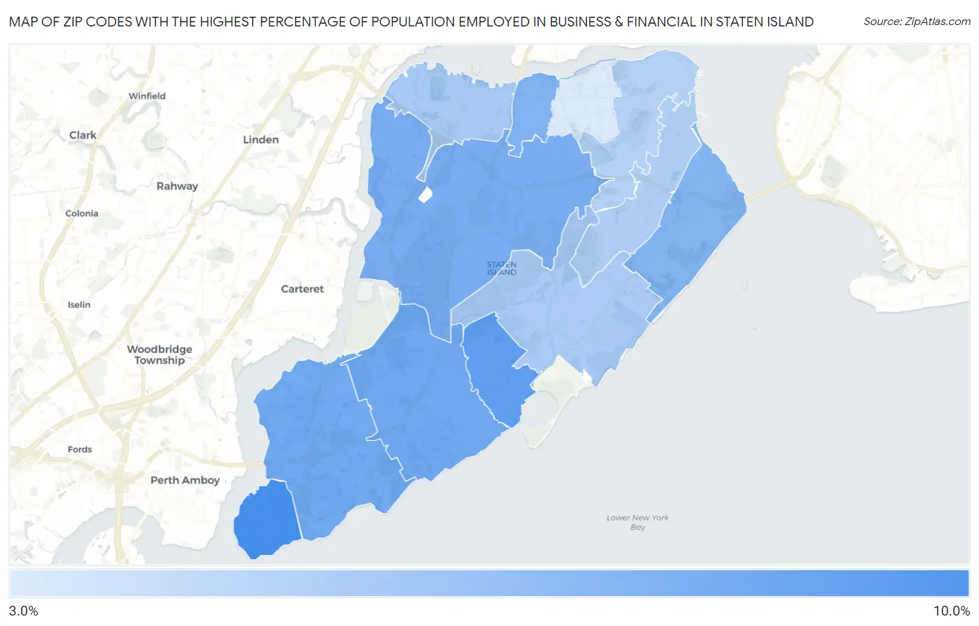 Zip Codes with the Highest Percentage of Population Employed in Business & Financial in Staten Island Map