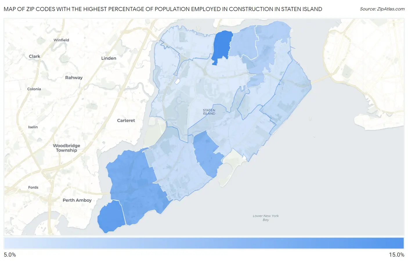 Zip Codes with the Highest Percentage of Population Employed in Construction in Staten Island Map
