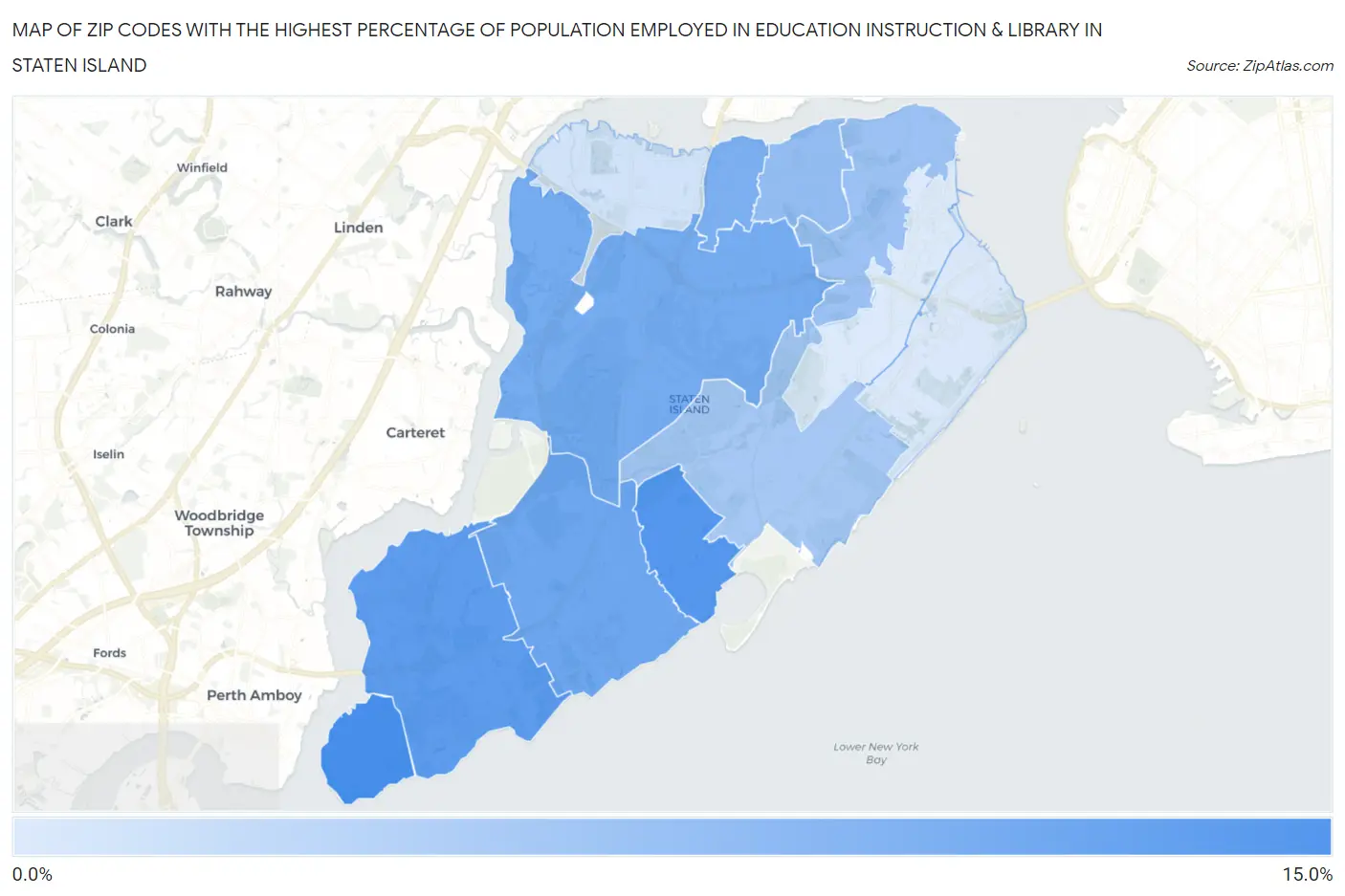 Zip Codes with the Highest Percentage of Population Employed in Education Instruction & Library in Staten Island Map