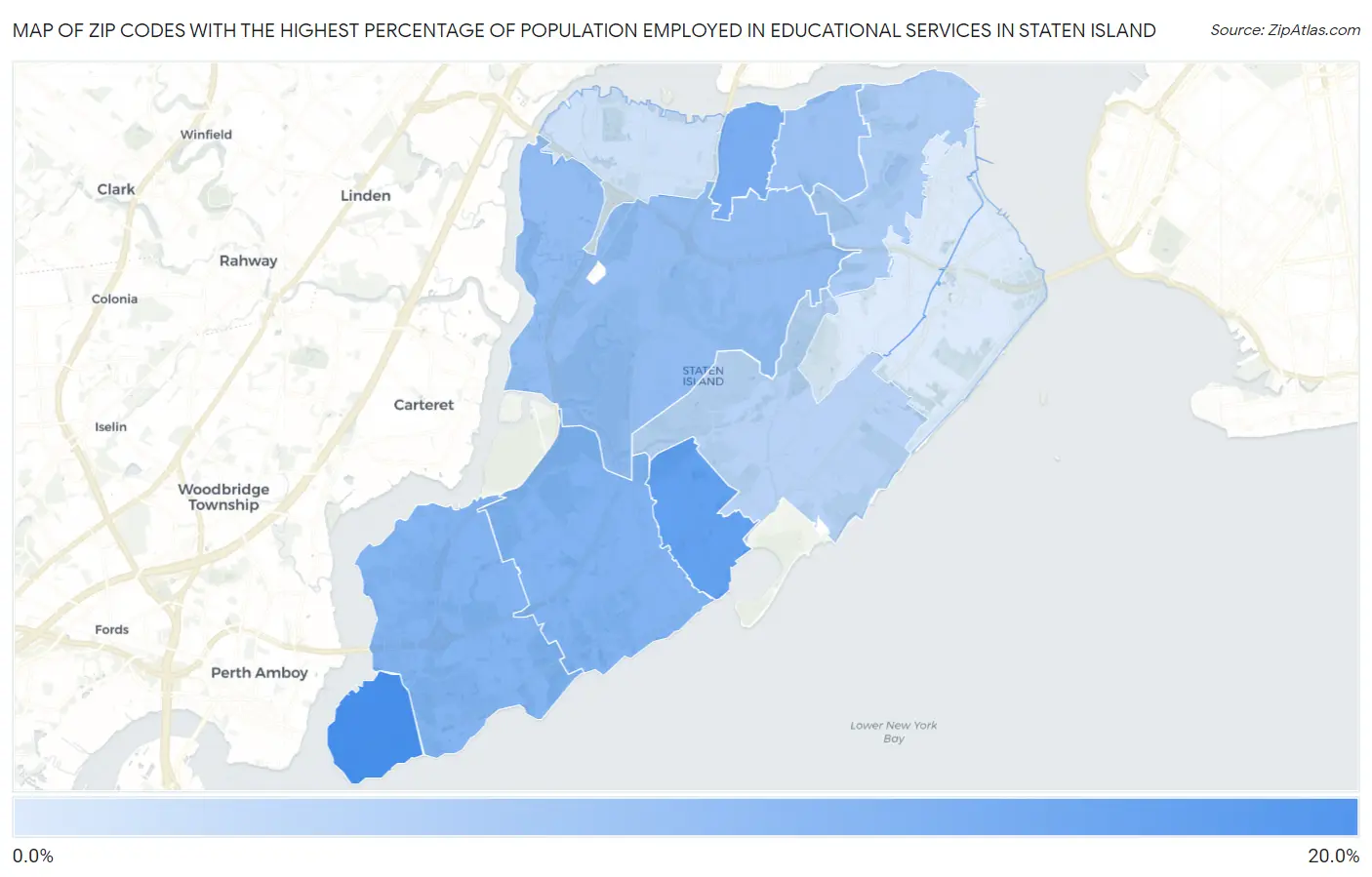 Zip Codes with the Highest Percentage of Population Employed in Educational Services in Staten Island Map