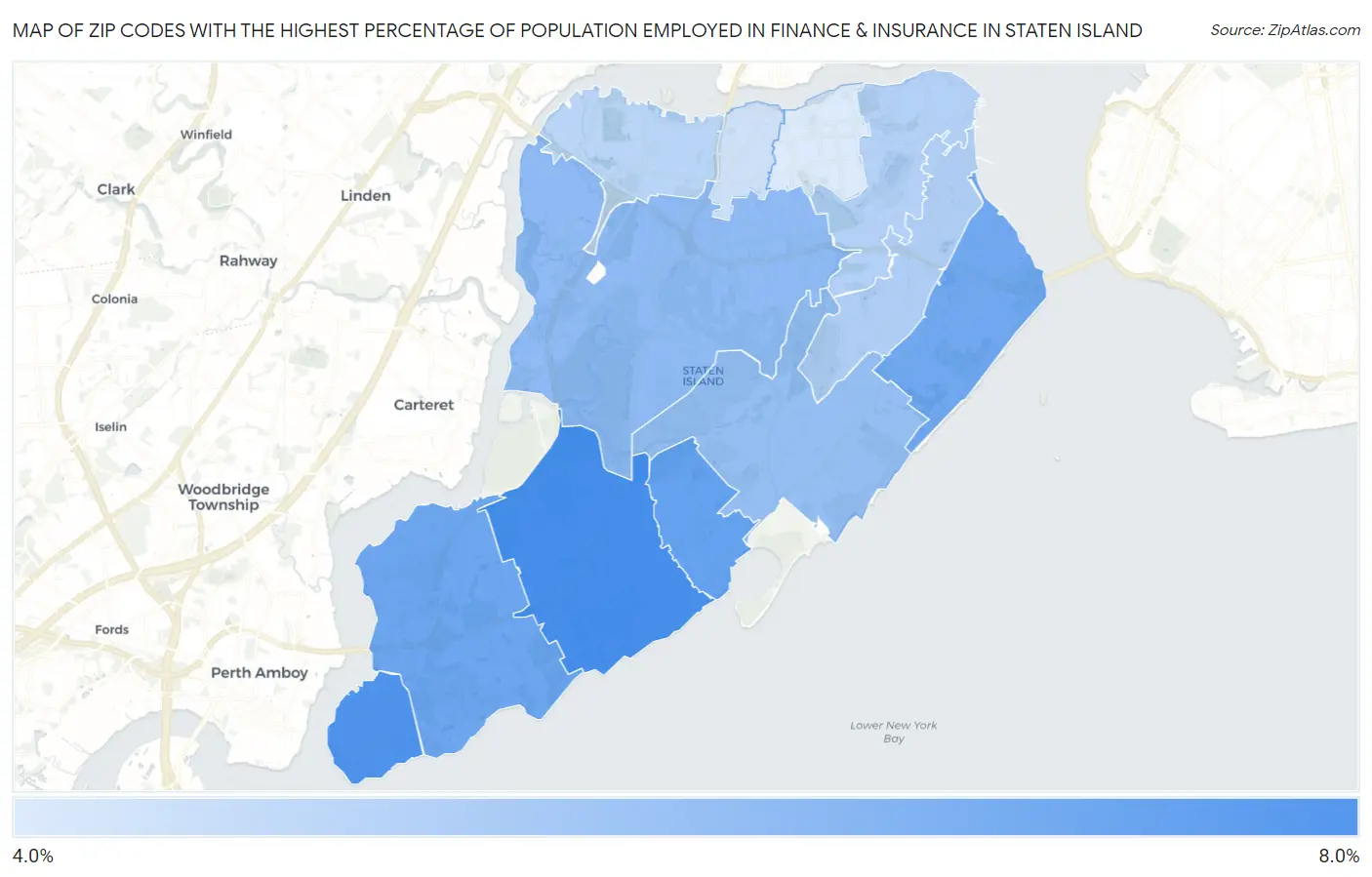 Zip Codes with the Highest Percentage of Population Employed in Finance & Insurance in Staten Island Map