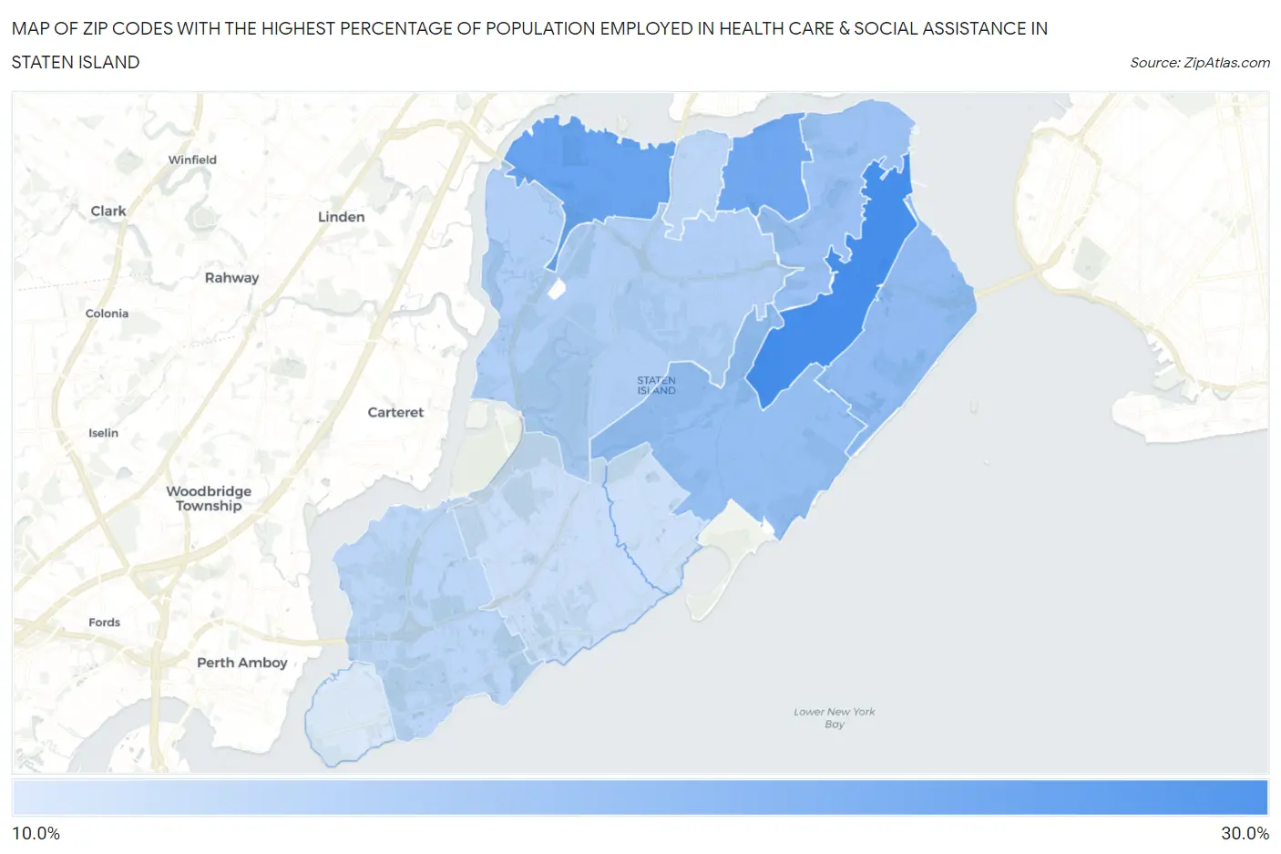 Zip Codes with the Highest Percentage of Population Employed in Health Care & Social Assistance in Staten Island Map