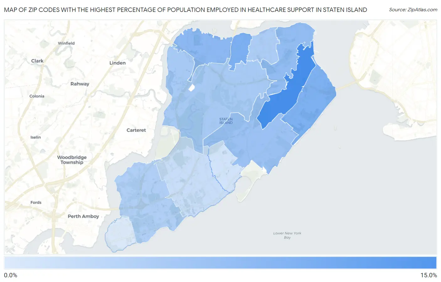 Zip Codes with the Highest Percentage of Population Employed in Healthcare Support in Staten Island Map