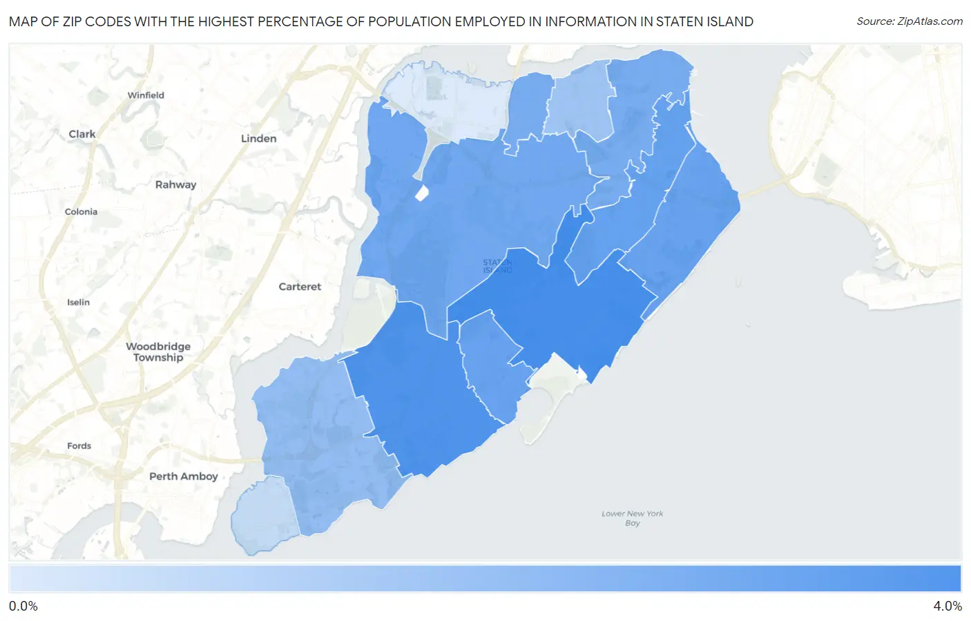 Zip Codes with the Highest Percentage of Population Employed in Information in Staten Island Map