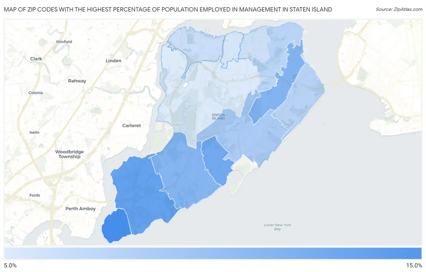 Zip Codes with the Highest Percentage of Population Employed in Management in Staten Island Map