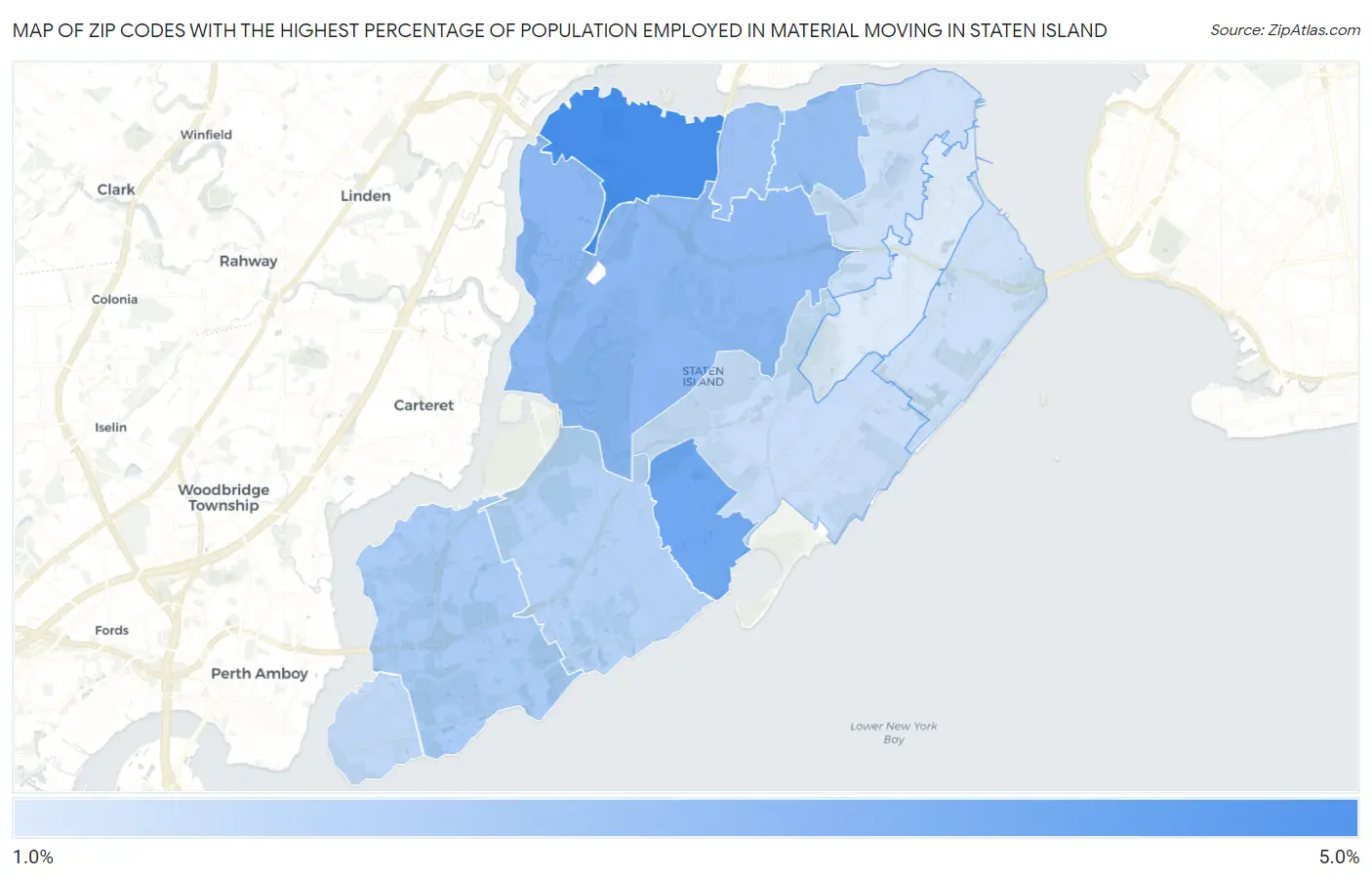 Zip Codes with the Highest Percentage of Population Employed in Material Moving in Staten Island Map