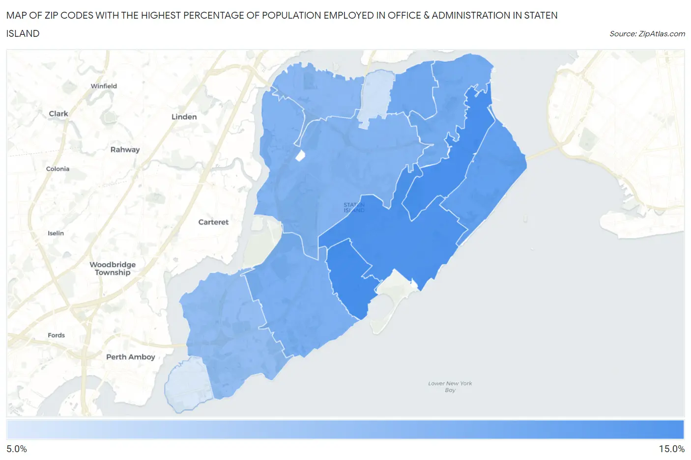 Zip Codes with the Highest Percentage of Population Employed in Office & Administration in Staten Island Map
