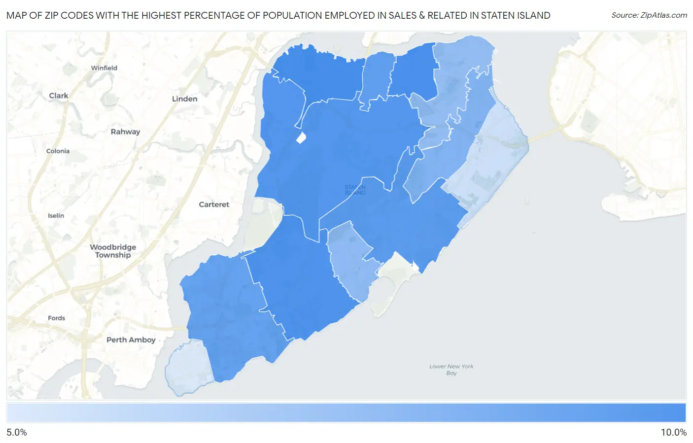 Zip Codes with the Highest Percentage of Population Employed in Sales & Related in Staten Island Map