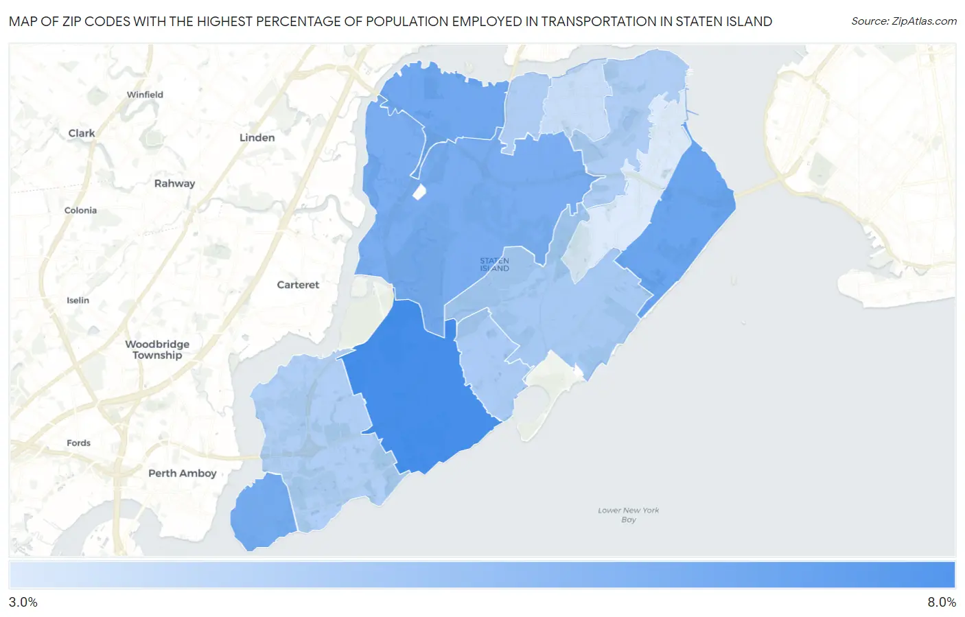 Zip Codes with the Highest Percentage of Population Employed in Transportation in Staten Island Map