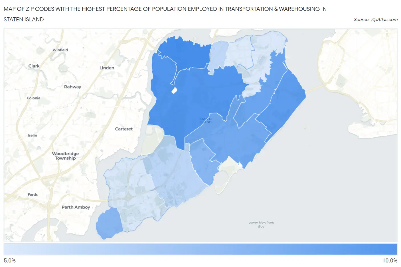 Zip Codes with the Highest Percentage of Population Employed in Transportation & Warehousing in Staten Island Map