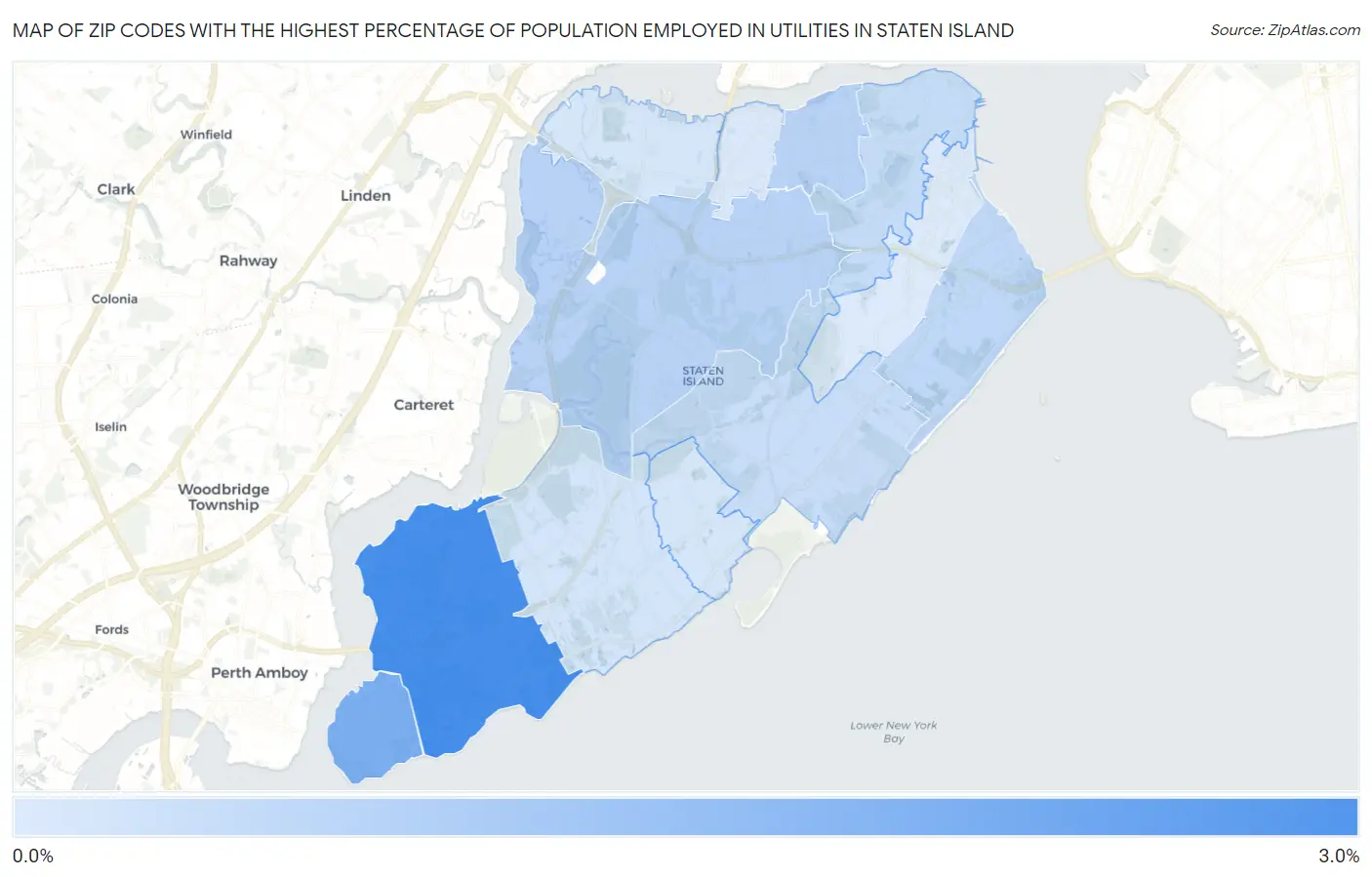 Zip Codes with the Highest Percentage of Population Employed in Utilities in Staten Island Map