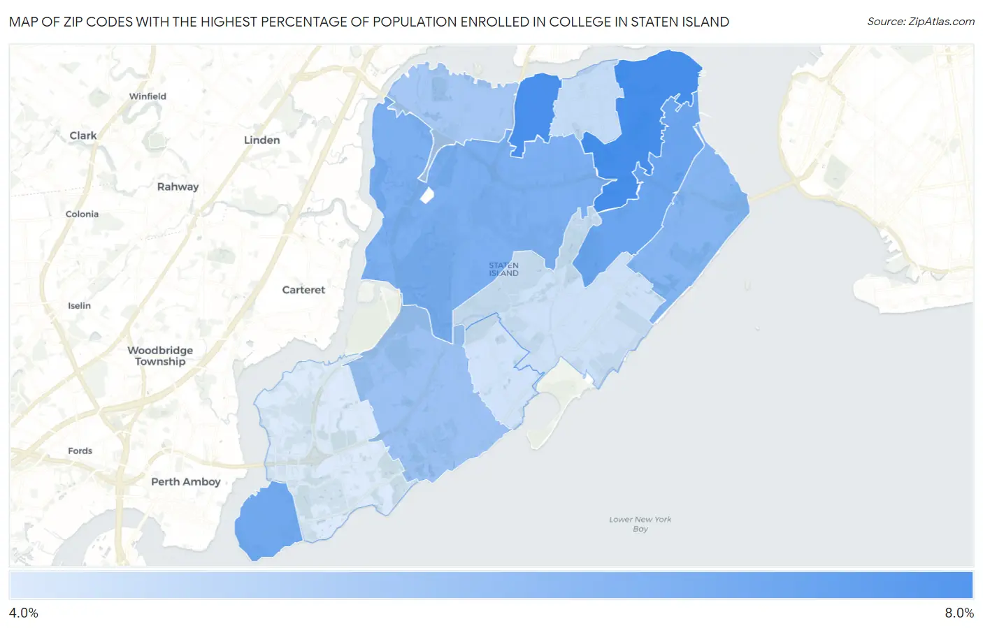 Zip Codes with the Highest Percentage of Population Enrolled in College in Staten Island Map