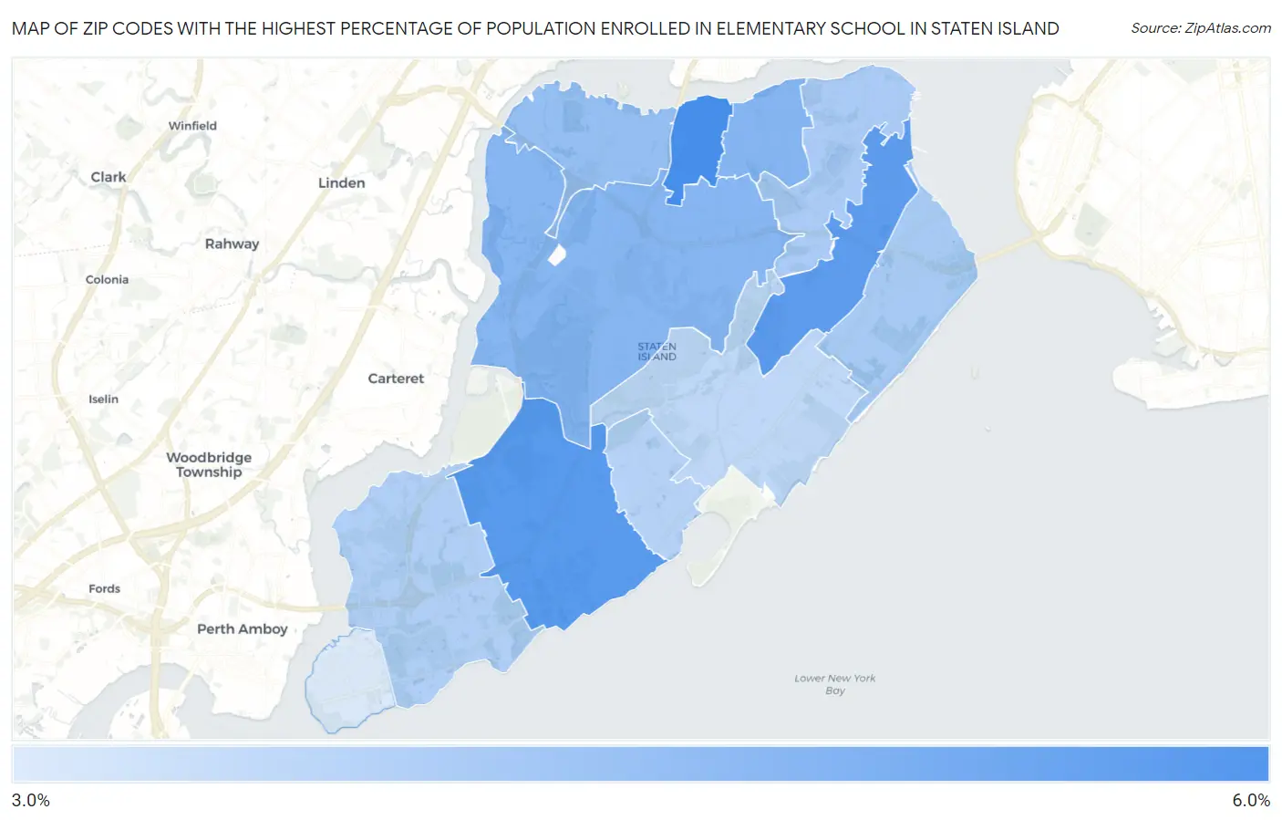 Zip Codes with the Highest Percentage of Population Enrolled in Elementary School in Staten Island Map