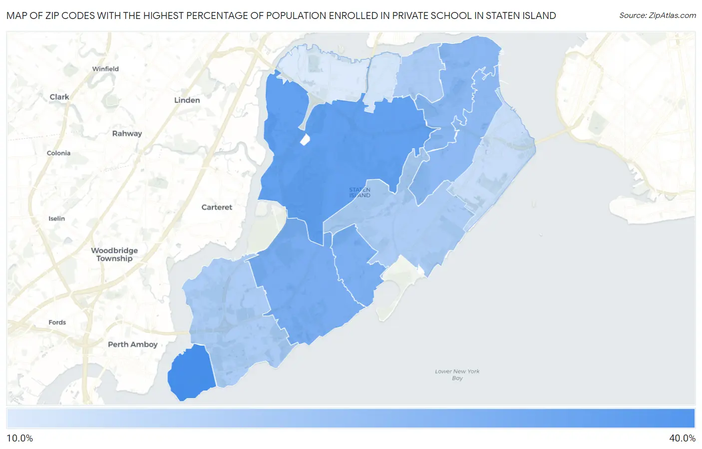 Zip Codes with the Highest Percentage of Population Enrolled in Private School in Staten Island Map