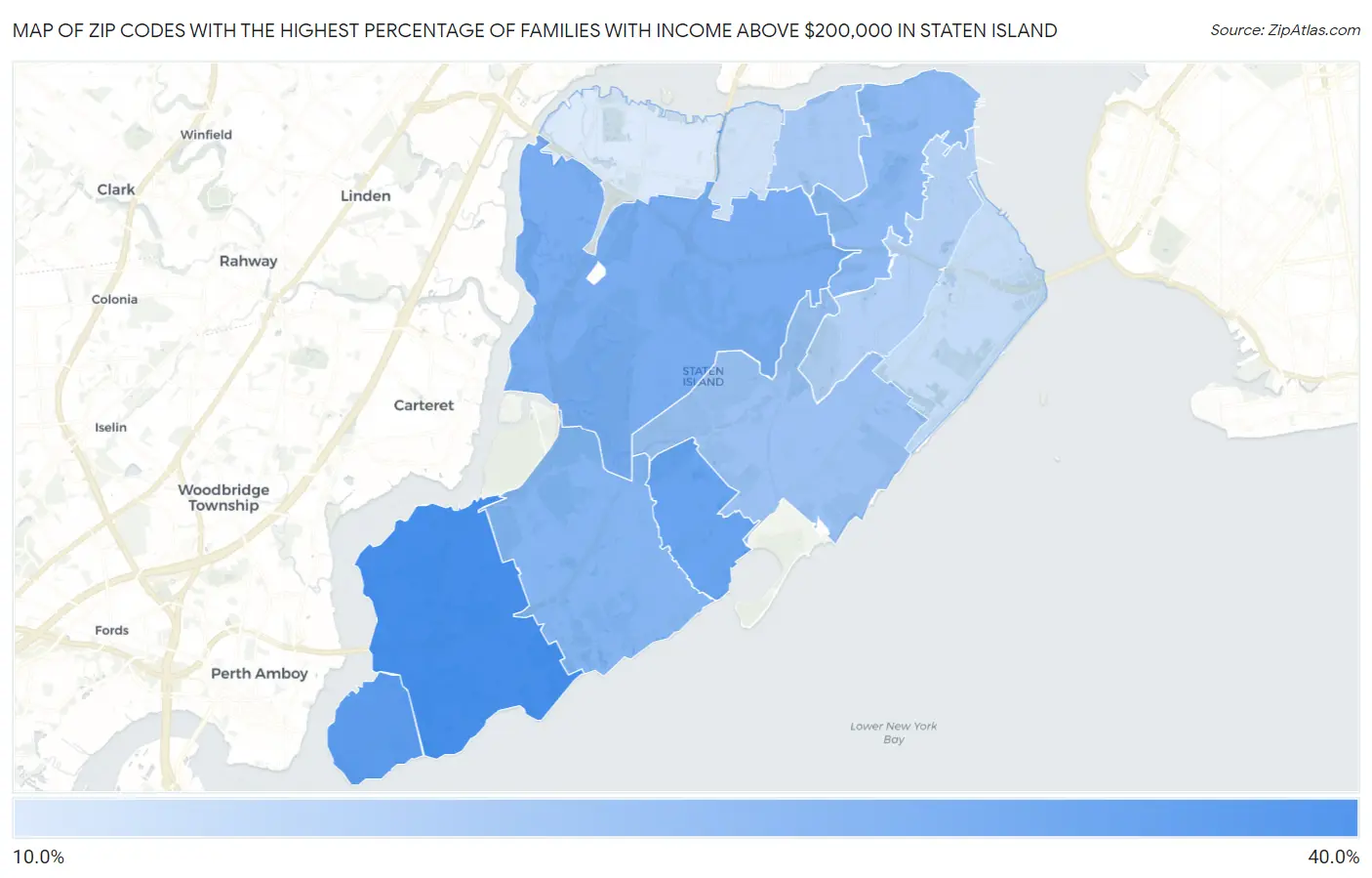 Zip Codes with the Highest Percentage of Families with Income Above $200,000 in Staten Island Map