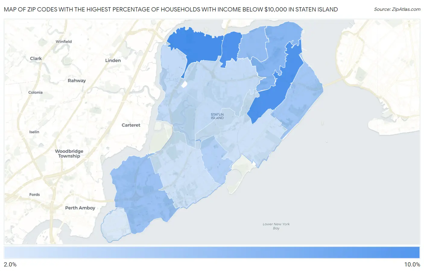 Zip Codes with the Highest Percentage of Households with Income Below $10,000 in Staten Island Map