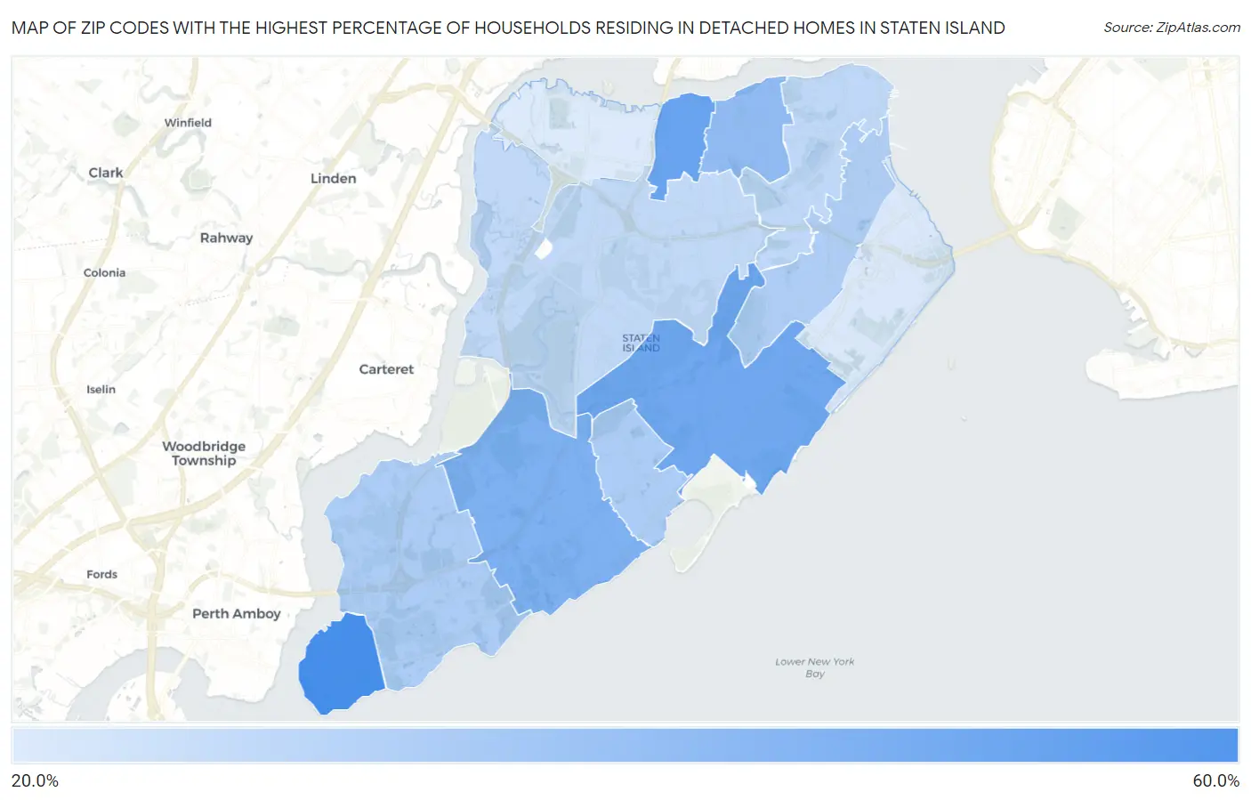 Zip Codes with the Highest Percentage of Households Residing in Detached Homes in Staten Island Map