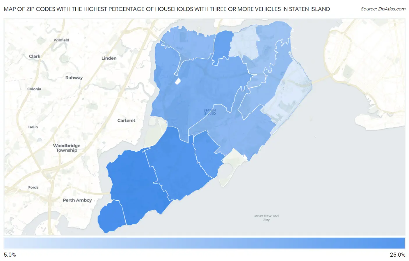 Zip Codes with the Highest Percentage of Households With Three or more Vehicles in Staten Island Map