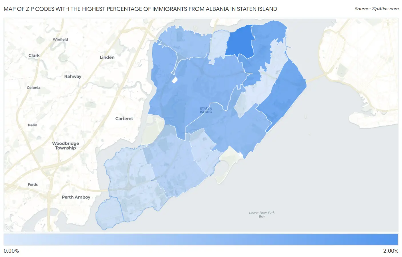Zip Codes with the Highest Percentage of Immigrants from Albania in Staten Island Map