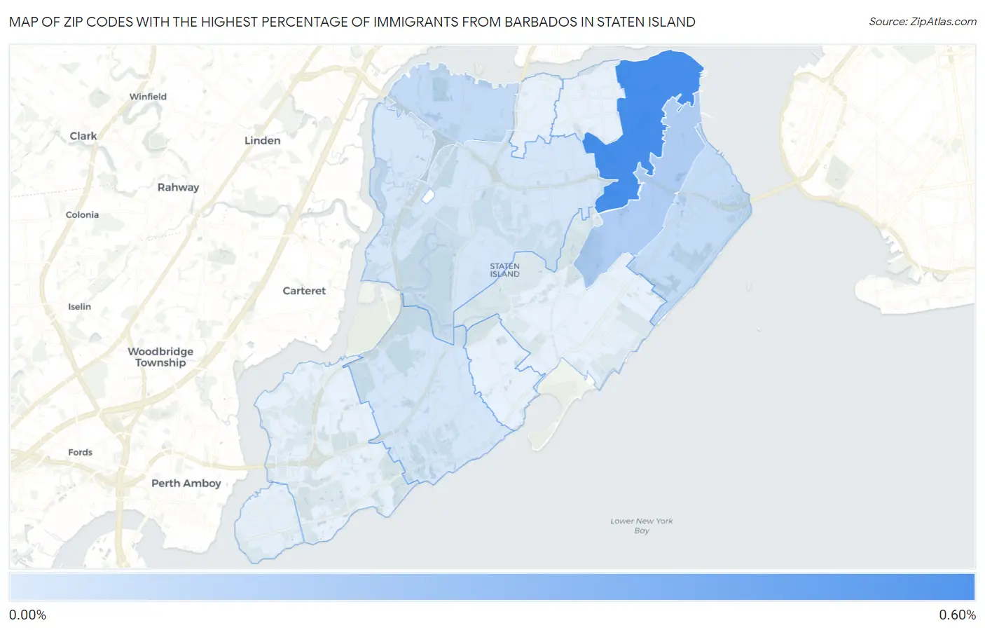 Zip Codes with the Highest Percentage of Immigrants from Barbados in Staten Island Map