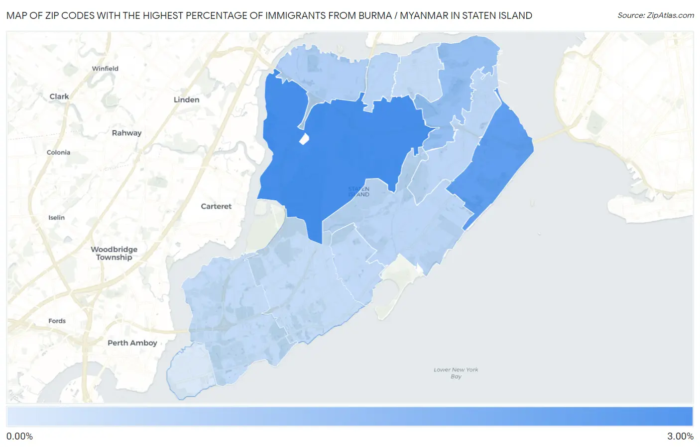 Zip Codes with the Highest Percentage of Immigrants from Burma / Myanmar in Staten Island Map