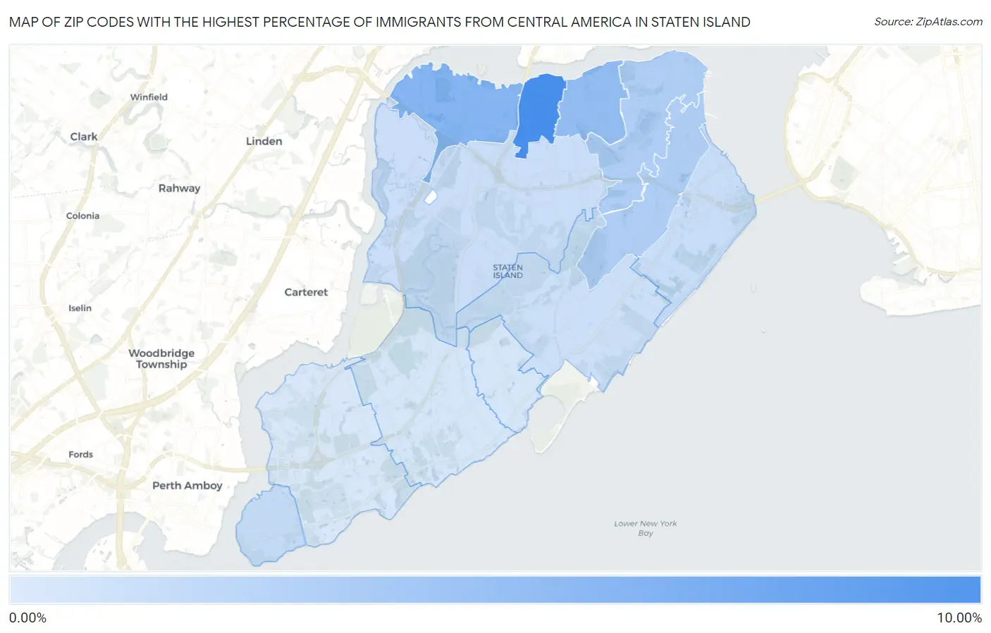 Zip Codes with the Highest Percentage of Immigrants from Central America in Staten Island Map