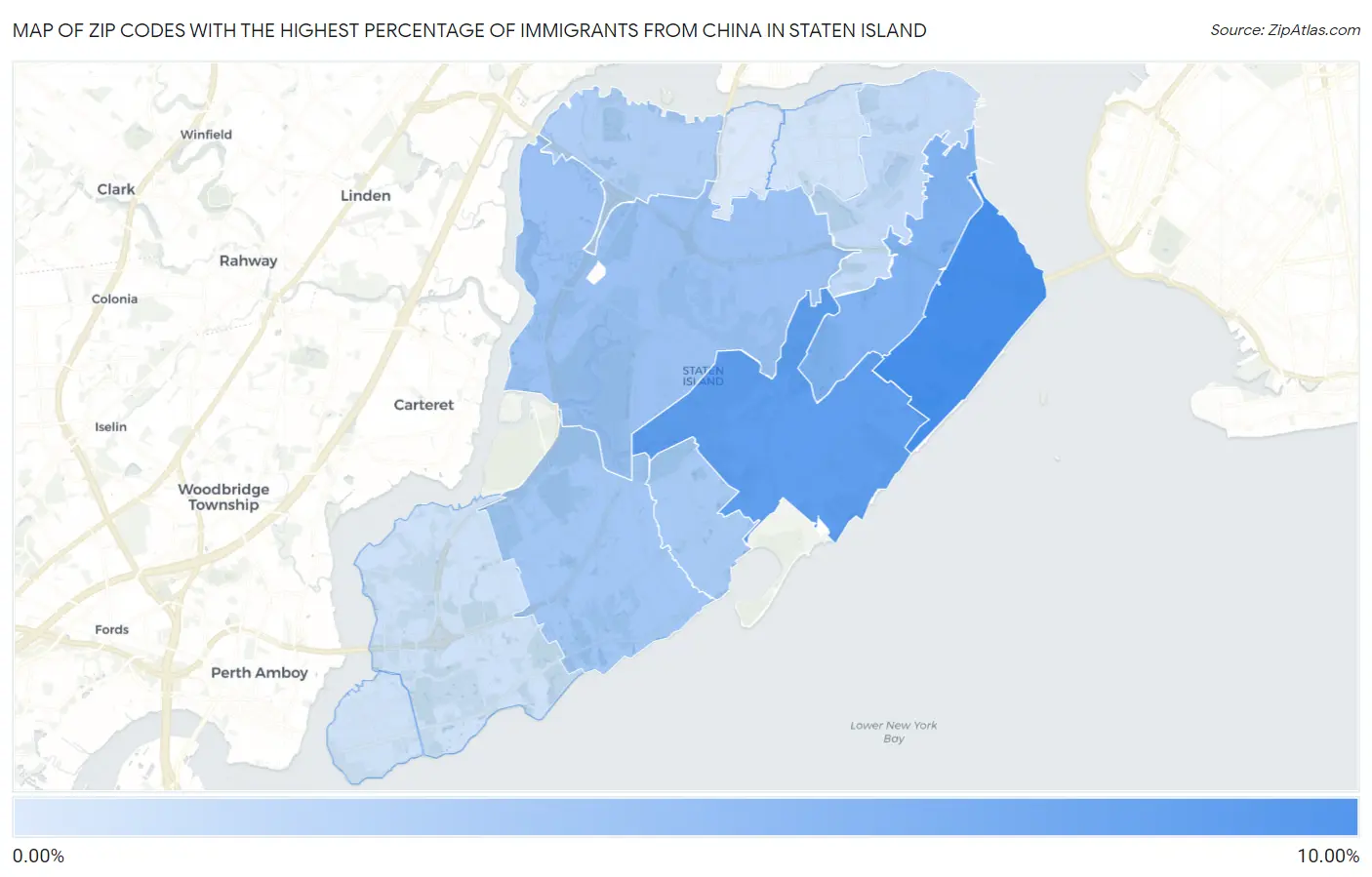 Zip Codes with the Highest Percentage of Immigrants from China in Staten Island Map