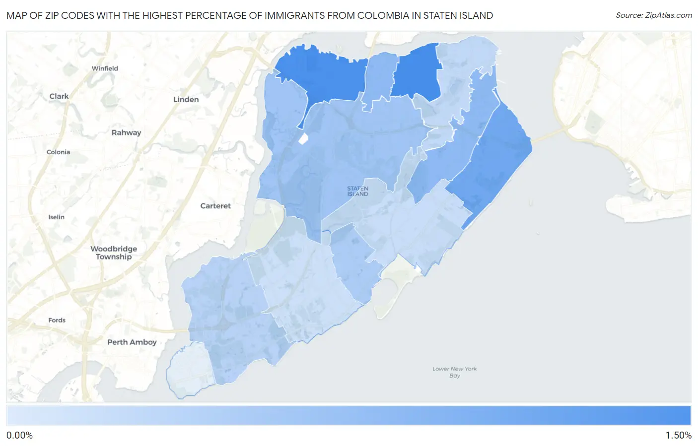 Zip Codes with the Highest Percentage of Immigrants from Colombia in Staten Island Map