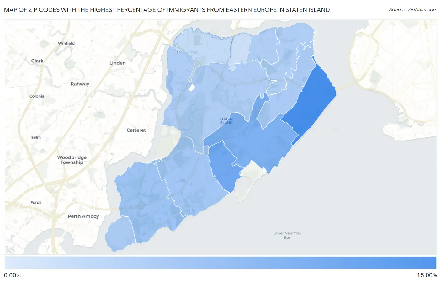 Zip Codes with the Highest Percentage of Immigrants from Eastern Europe in Staten Island Map