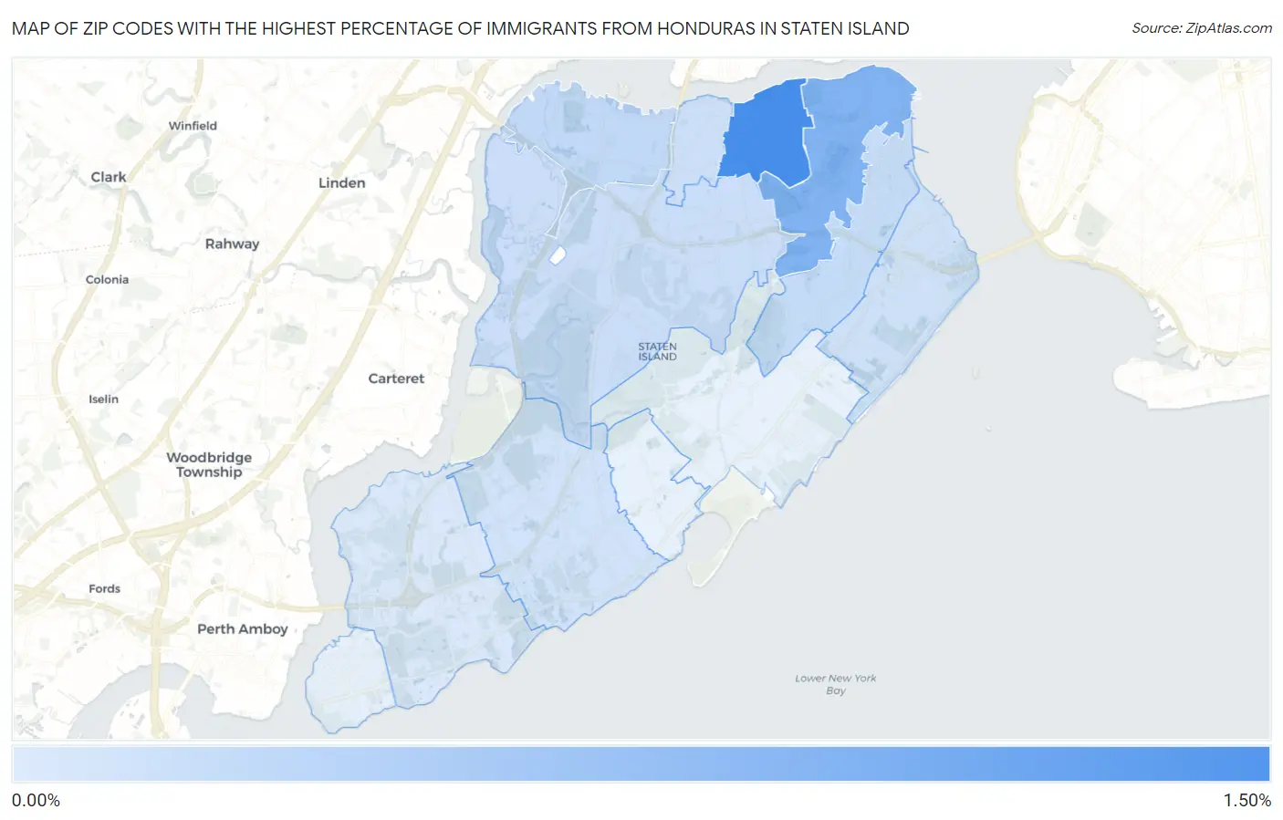 Zip Codes with the Highest Percentage of Immigrants from Honduras in Staten Island Map