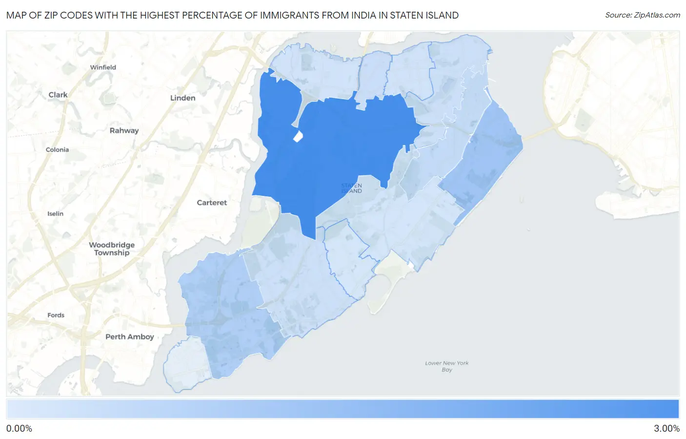 Zip Codes with the Highest Percentage of Immigrants from India in Staten Island Map