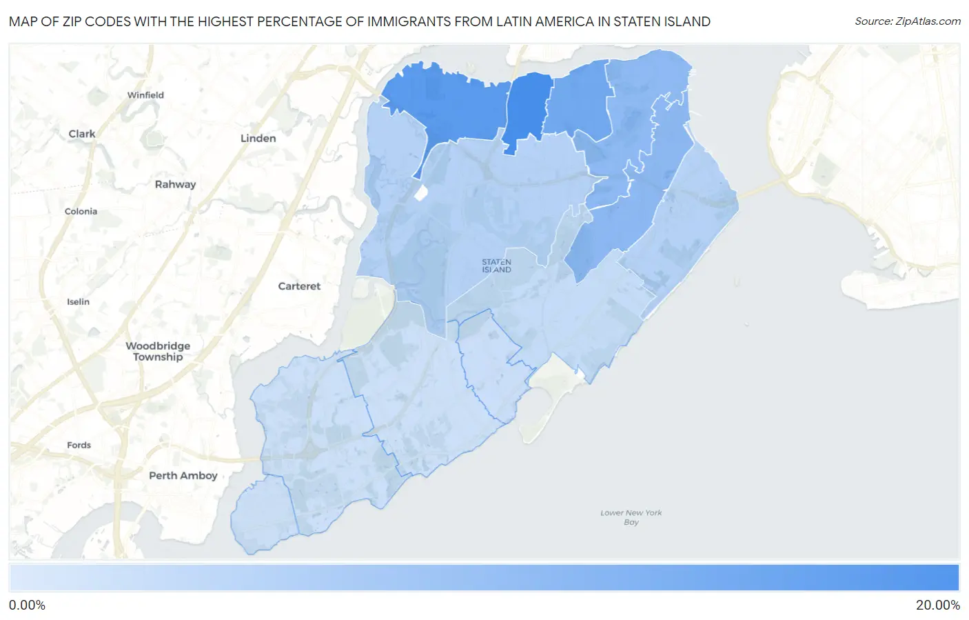 Zip Codes with the Highest Percentage of Immigrants from Latin America in Staten Island Map