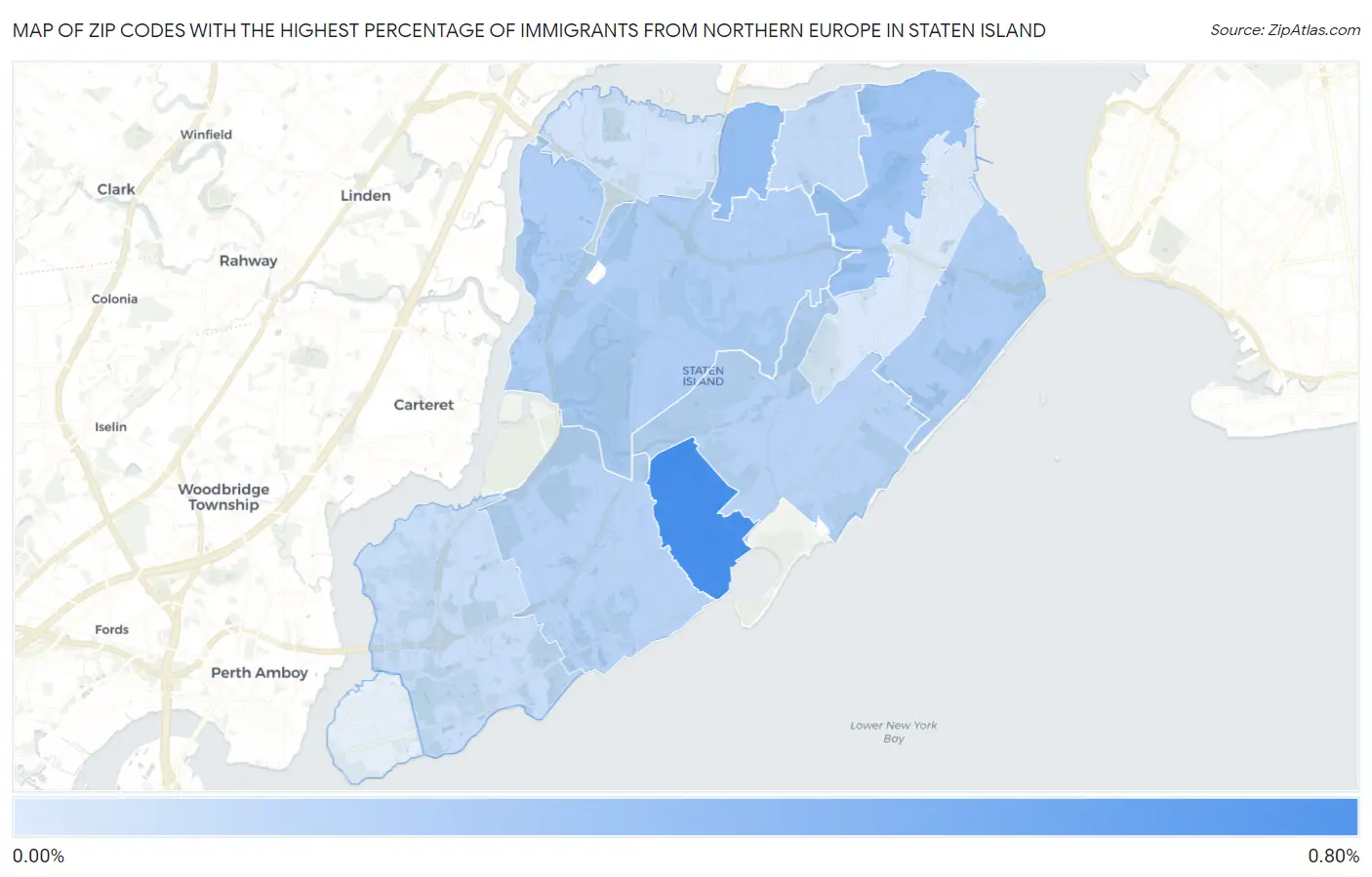 Zip Codes with the Highest Percentage of Immigrants from Northern Europe in Staten Island Map