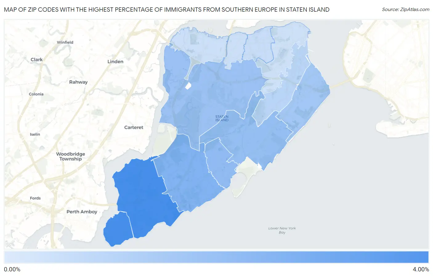 Zip Codes with the Highest Percentage of Immigrants from Southern Europe in Staten Island Map