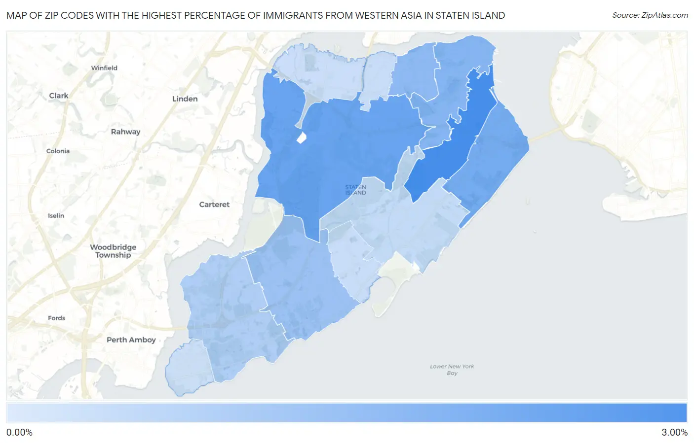 Zip Codes with the Highest Percentage of Immigrants from Western Asia in Staten Island Map