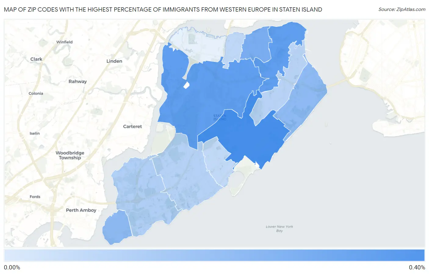 Zip Codes with the Highest Percentage of Immigrants from Western Europe in Staten Island Map