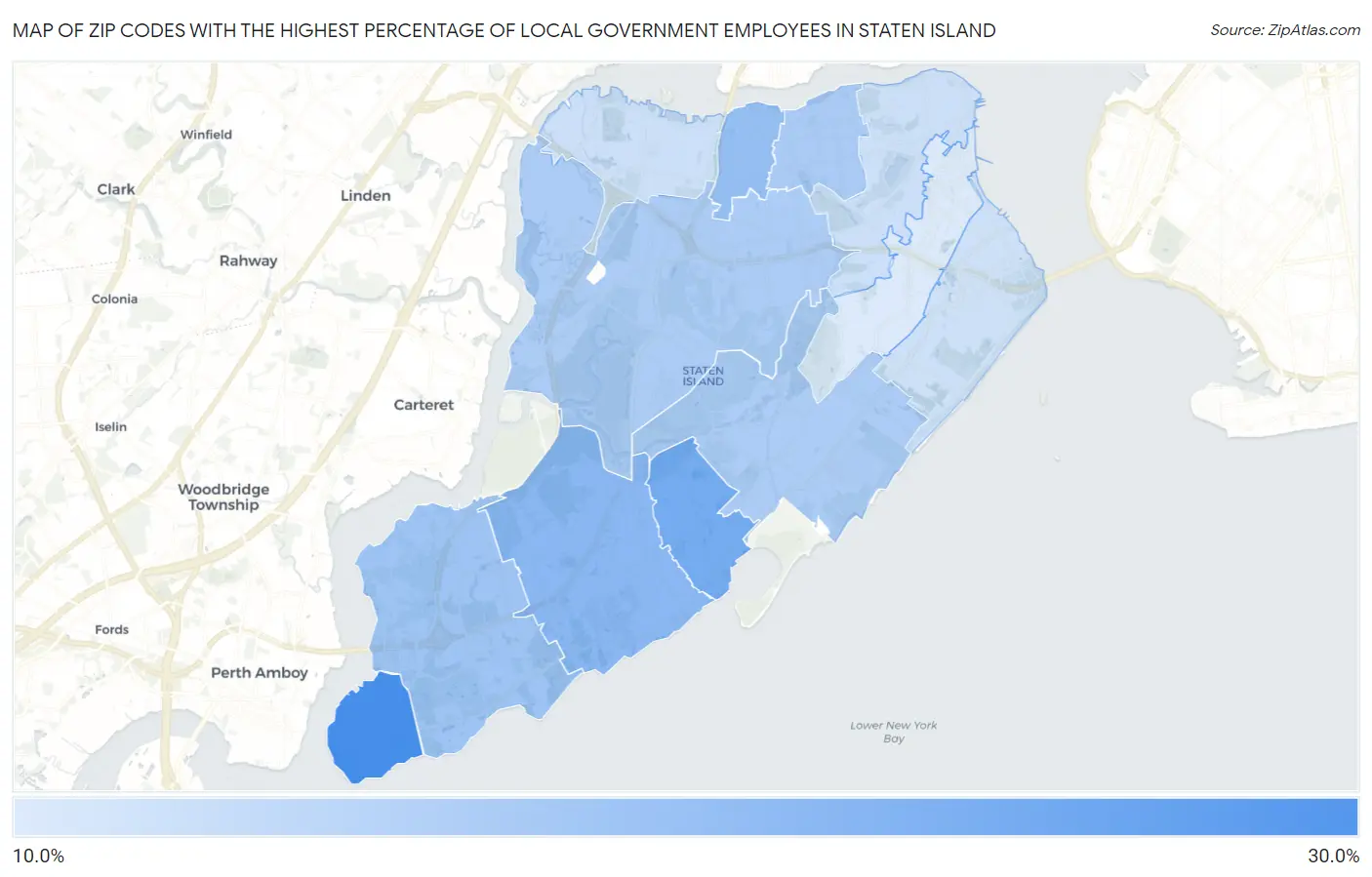 Zip Codes with the Highest Percentage of Local Government Employees in Staten Island Map