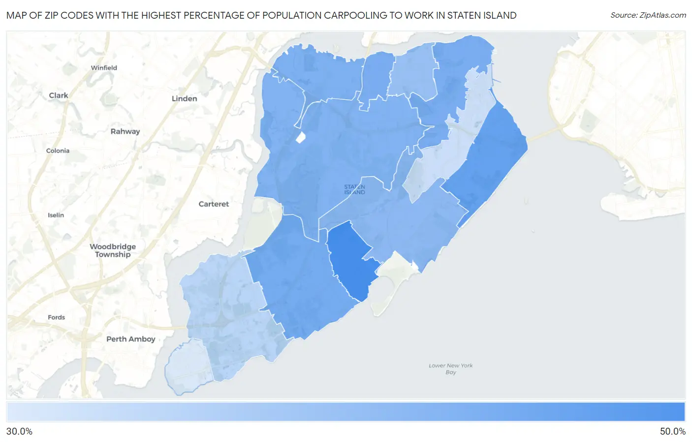 Zip Codes with the Highest Percentage of Population Carpooling to Work in Staten Island Map