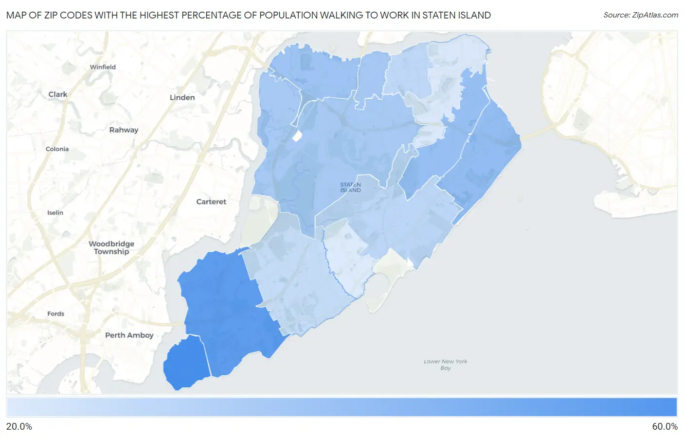 Zip Codes with the Highest Percentage of Population Walking to Work in Staten Island Map