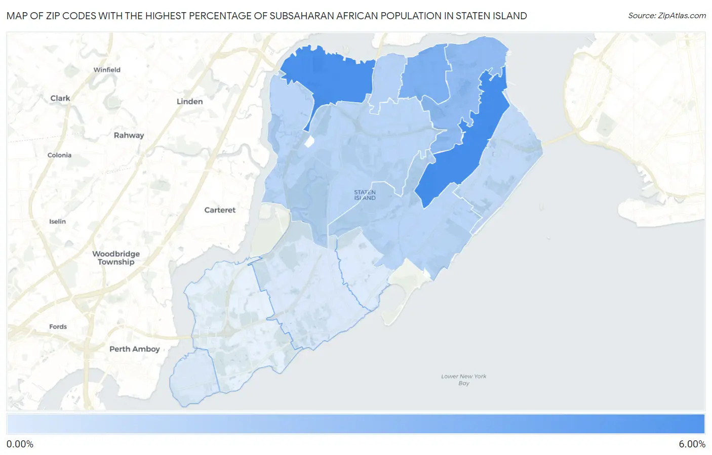 Zip Codes with the Highest Percentage of Subsaharan African Population in Staten Island Map