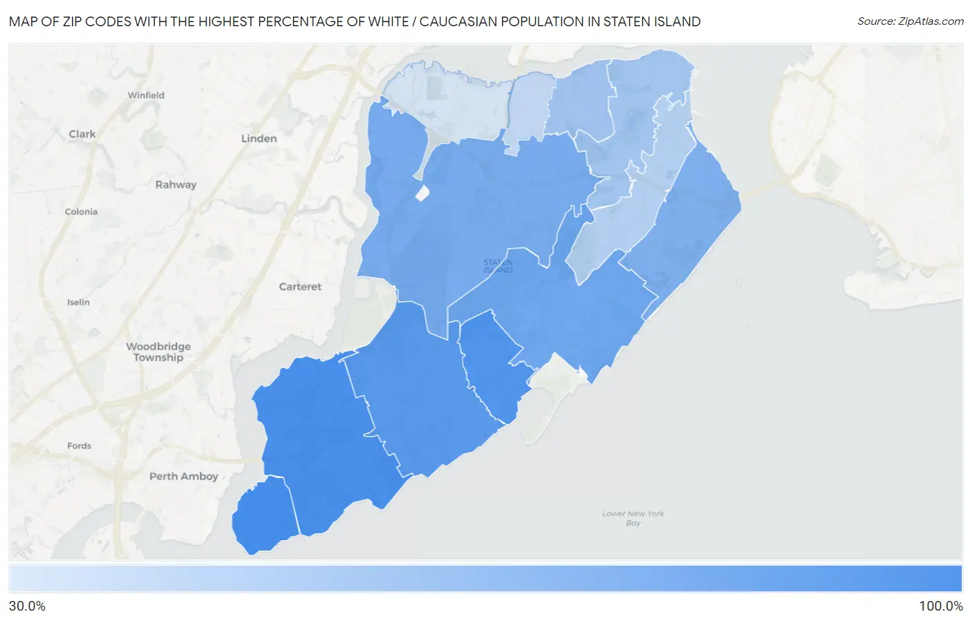 Zip Codes with the Highest Percentage of White / Caucasian Population in Staten Island Map