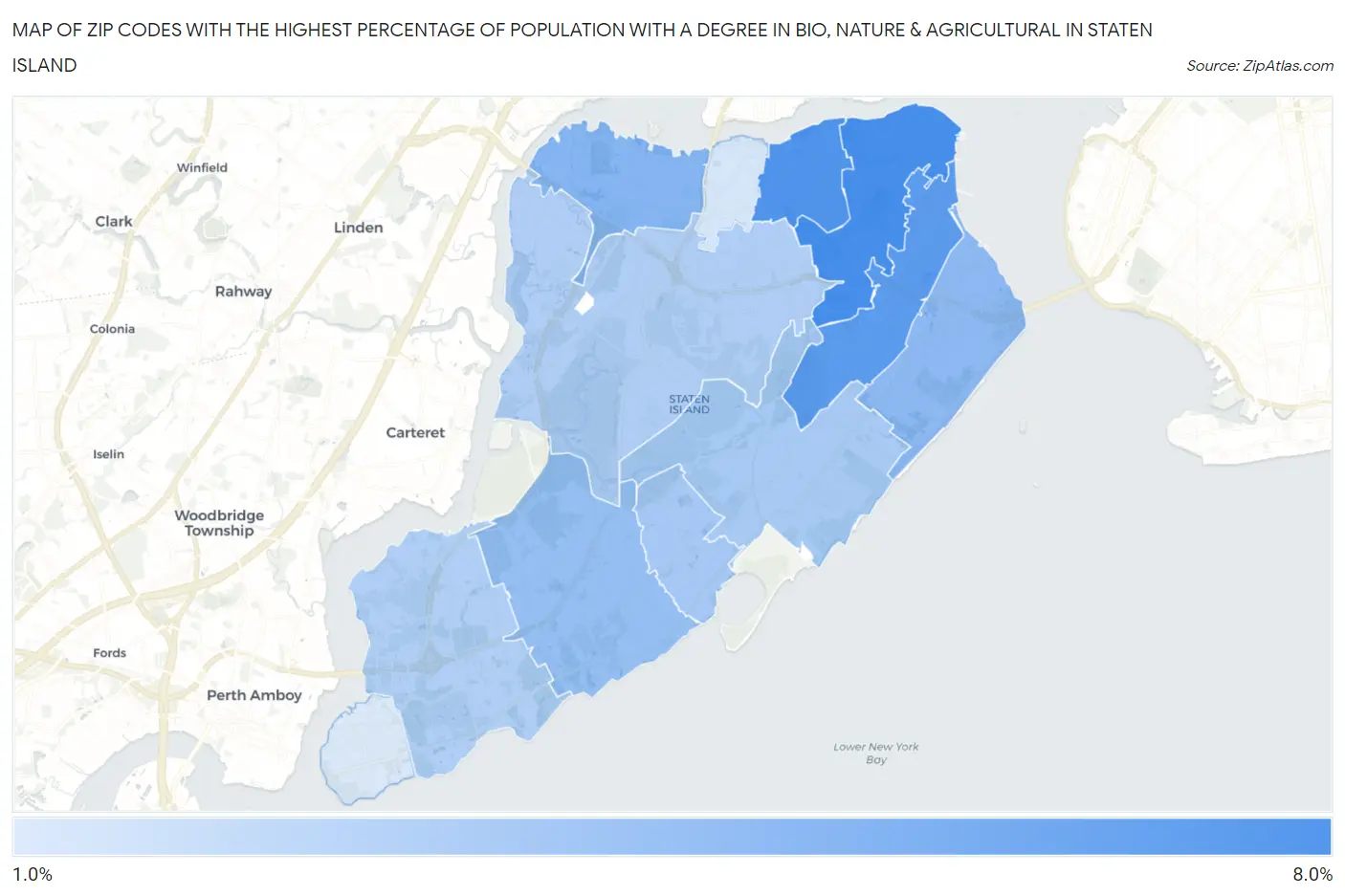 Zip Codes with the Highest Percentage of Population with a Degree in Bio, Nature & Agricultural in Staten Island Map