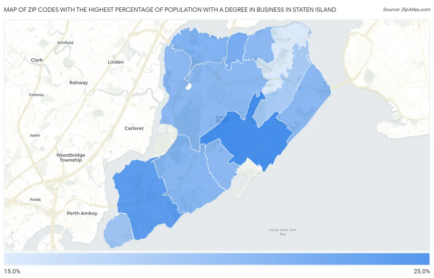 Zip Codes with the Highest Percentage of Population with a Degree in Business in Staten Island Map