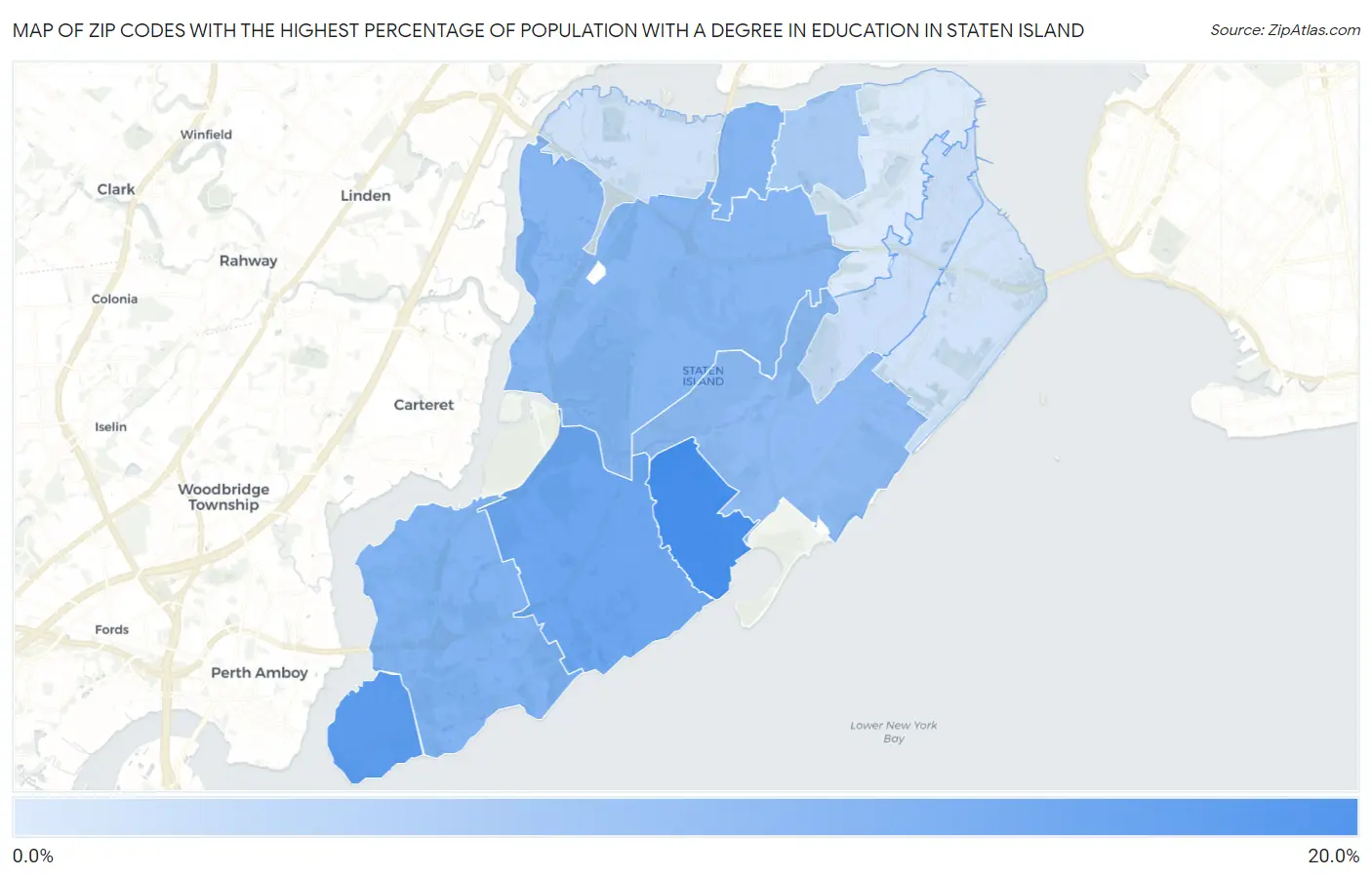 Zip Codes with the Highest Percentage of Population with a Degree in Education in Staten Island Map
