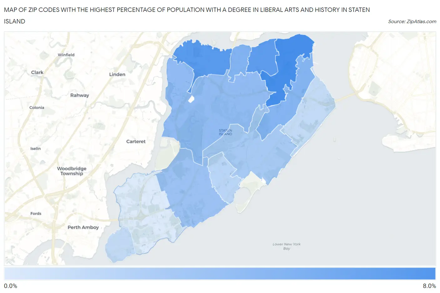 Zip Codes with the Highest Percentage of Population with a Degree in Liberal Arts and History in Staten Island Map