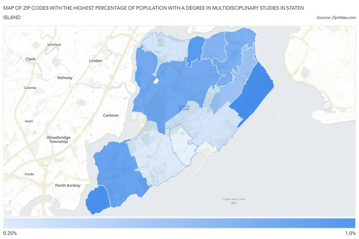 Zip Codes with the Highest Percentage of Population with a Degree in Multidisciplinary Studies in Staten Island Map