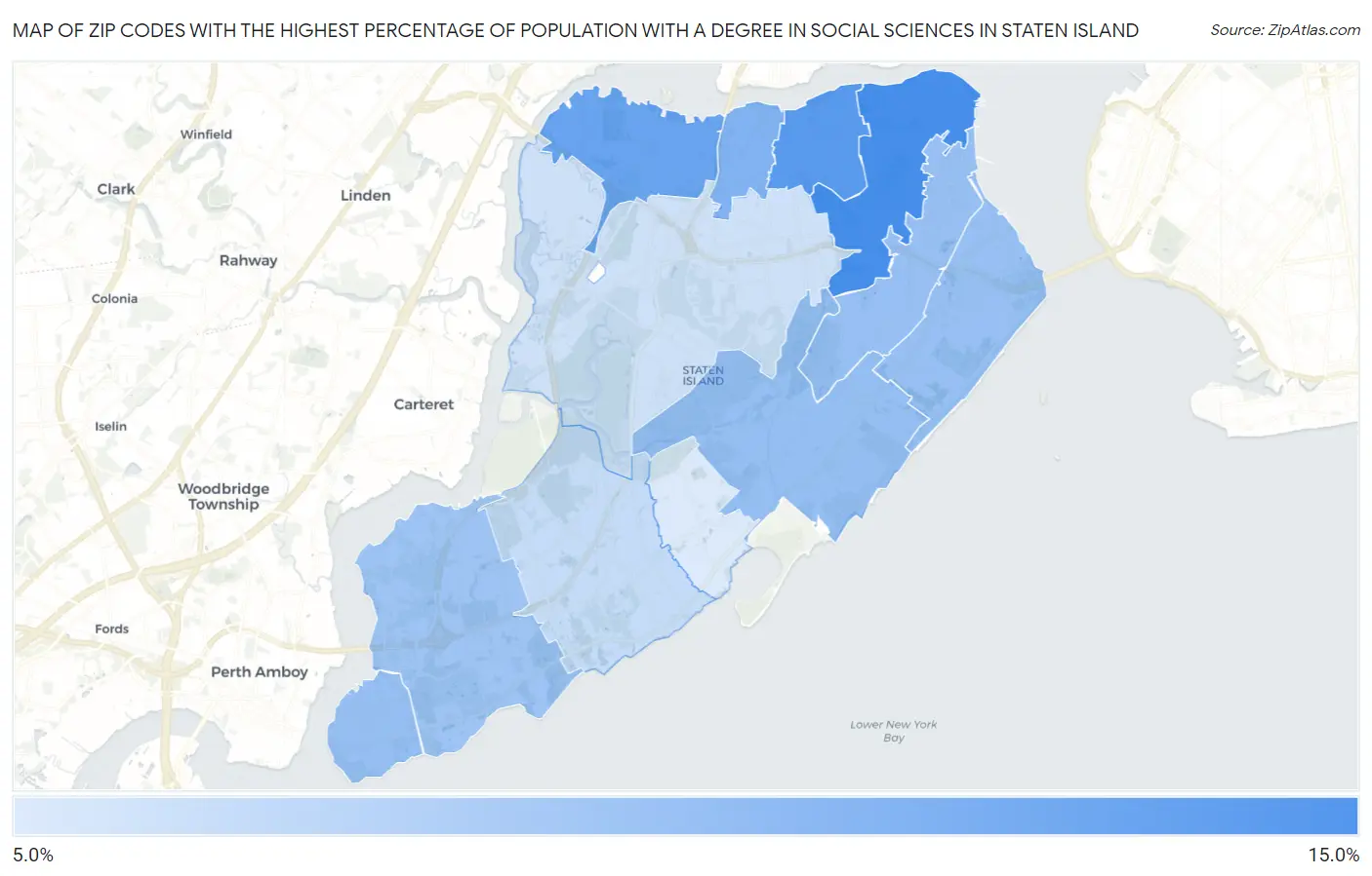 Zip Codes with the Highest Percentage of Population with a Degree in Social Sciences in Staten Island Map