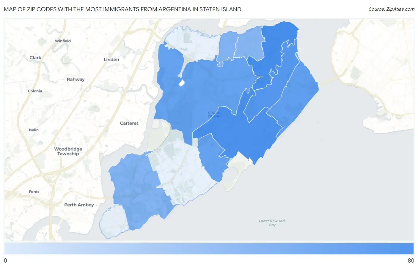 Zip Codes with the Most Immigrants from Argentina in Staten Island Map