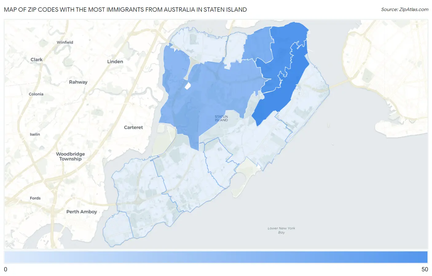 Zip Codes with the Most Immigrants from Australia in Staten Island Map