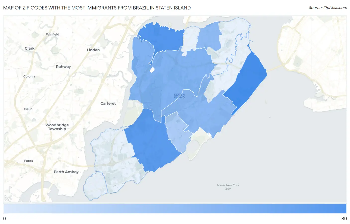 Zip Codes with the Most Immigrants from Brazil in Staten Island Map